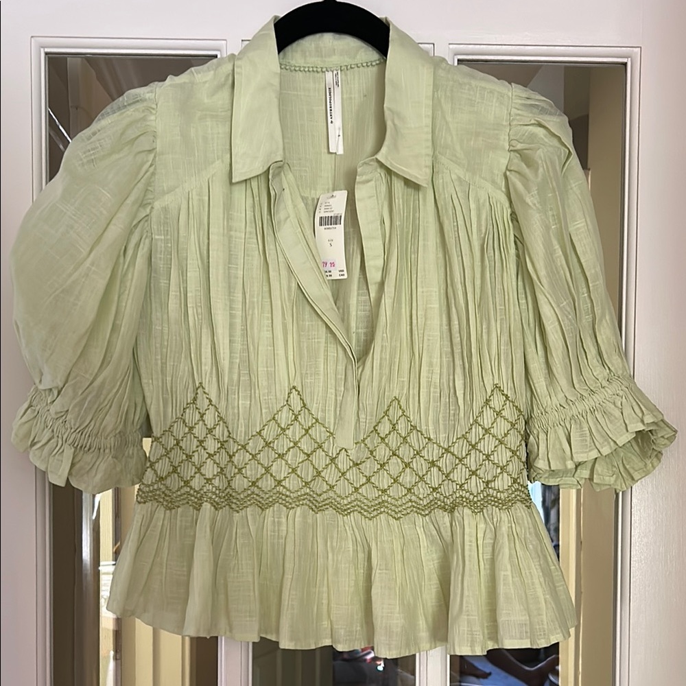 Anthropologie Sage Green Blouse with Smocked Detail